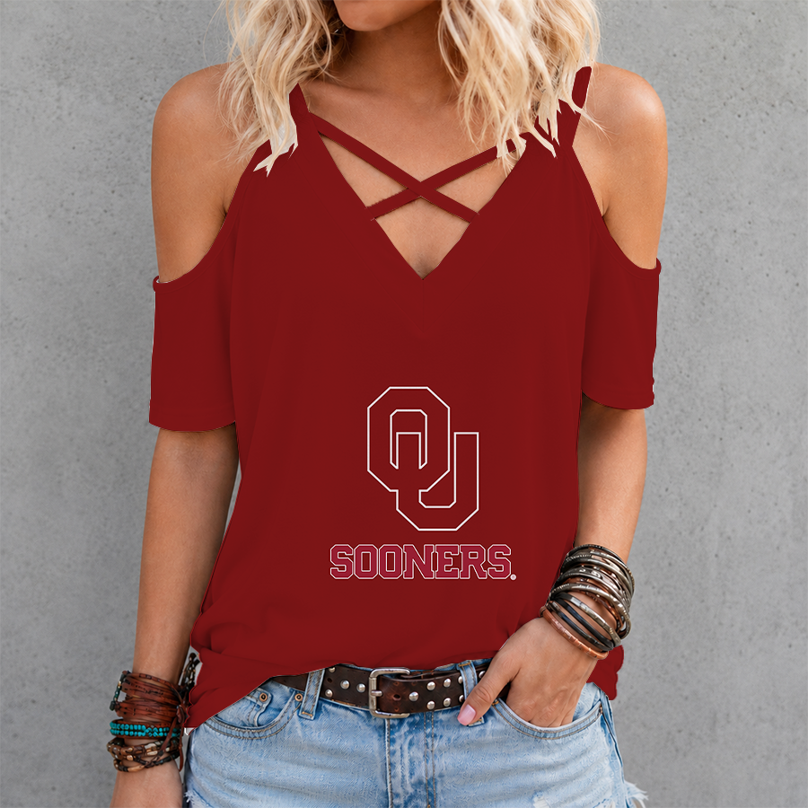 [FAN FAVORITE] NEW CUSTOMIZED NCAA CWS22 OUS OKLAHOMA SOONERS CRISS CROSS V-NECK TOP
