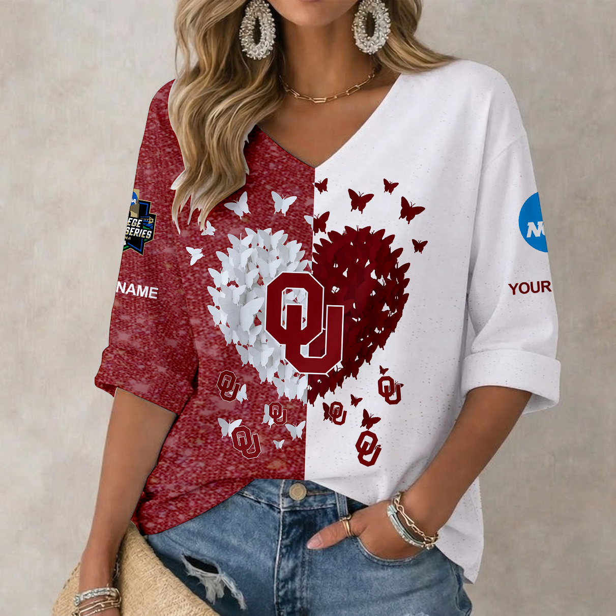 LIMITED EDITION - NEW CUSTOMIZED NCAA CWS22 OUS OKLAHOMA SOONERS WOMEN'S HEART V-NECK LONG SLEEVE SHIRT