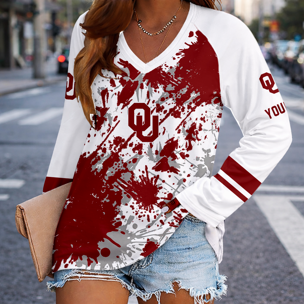 [FAN FAVORITE] NEW CUSTOMIZED NCAA CWS22 OUS OKLAHOMA SOONERS WOMEN'S V-NECK LONG SLEEVED SHIRT