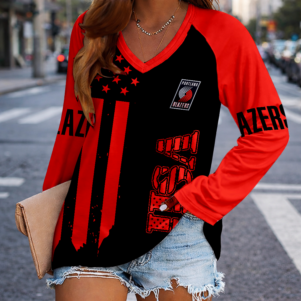 LIMITED EDITION - NEW CUSTOMIZED NBA22 PTB PORTLAND TRAIL BLAZERS WOMEN'S V-NECK LONG SLEEVED SHIRT