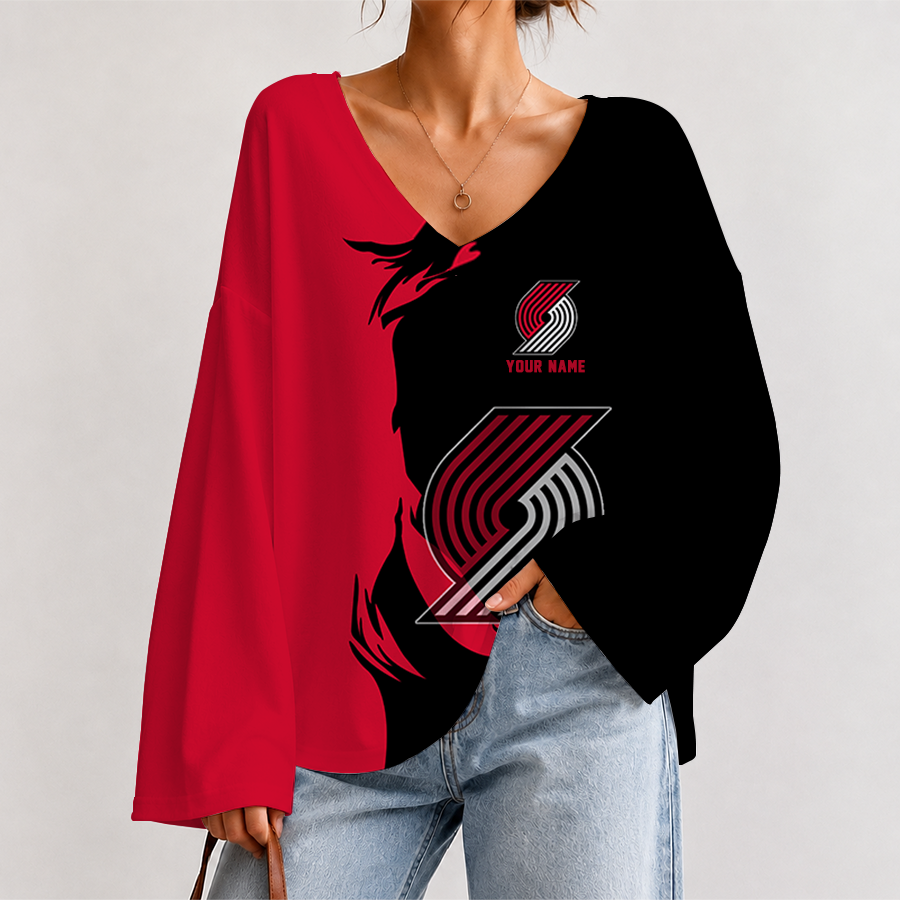 [HOT DEAL] NEW CUSTOMIZED NBA22 PTB PORTLAND TRAIL BLAZERS V-NECK LONG SLEEVED CROP TOP