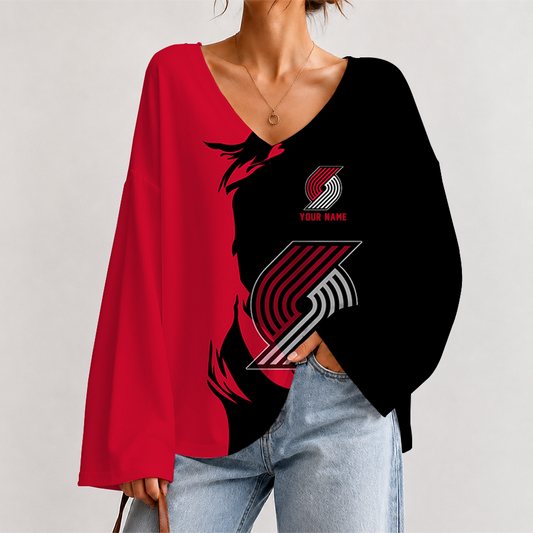 [HOT DEAL] NEW CUSTOMIZED NBA22 PTB PORTLAND TRAIL BLAZERS V-NECK LONG SLEEVED CROP TOP