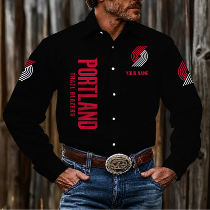 LIMITED EDITION - NEW CUSTOMIZED NBA22 PTB PORTLAND TRAIL BLAZERS MEN'S LONG SLEEVE BUTTON-UP SHIRT