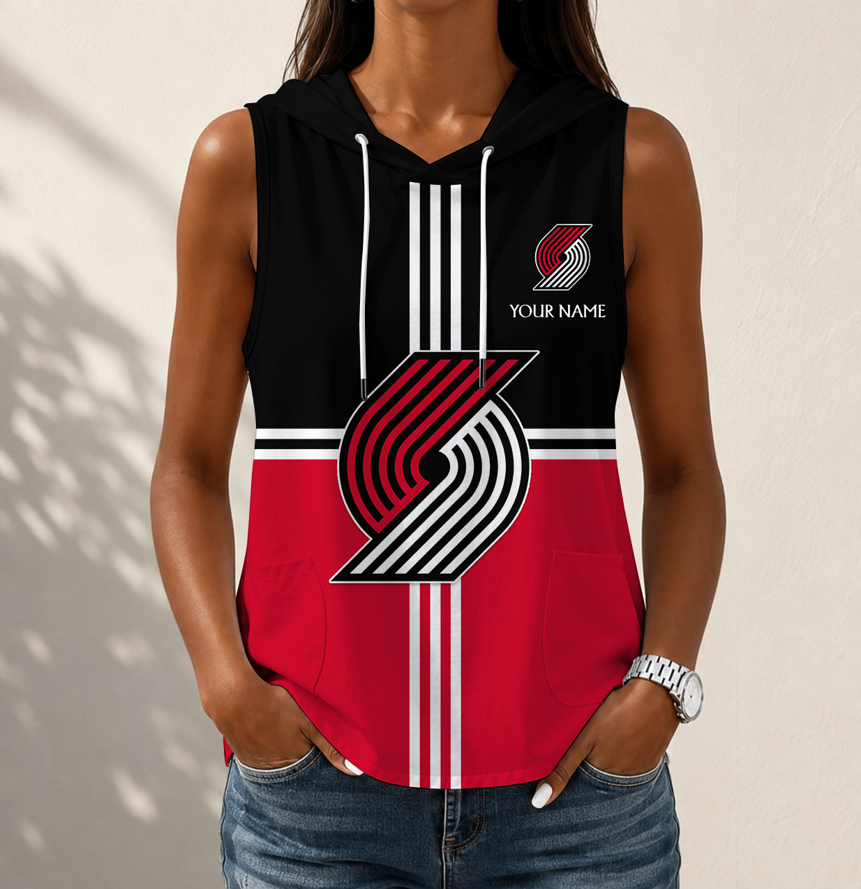 LIMITED EDITION - NEW CUSTOMIZED NBA22 PTB PORTLAND TRAIL BLAZERS WOMEN'S SLEEVELESS HOODED POCKET TANK TOP