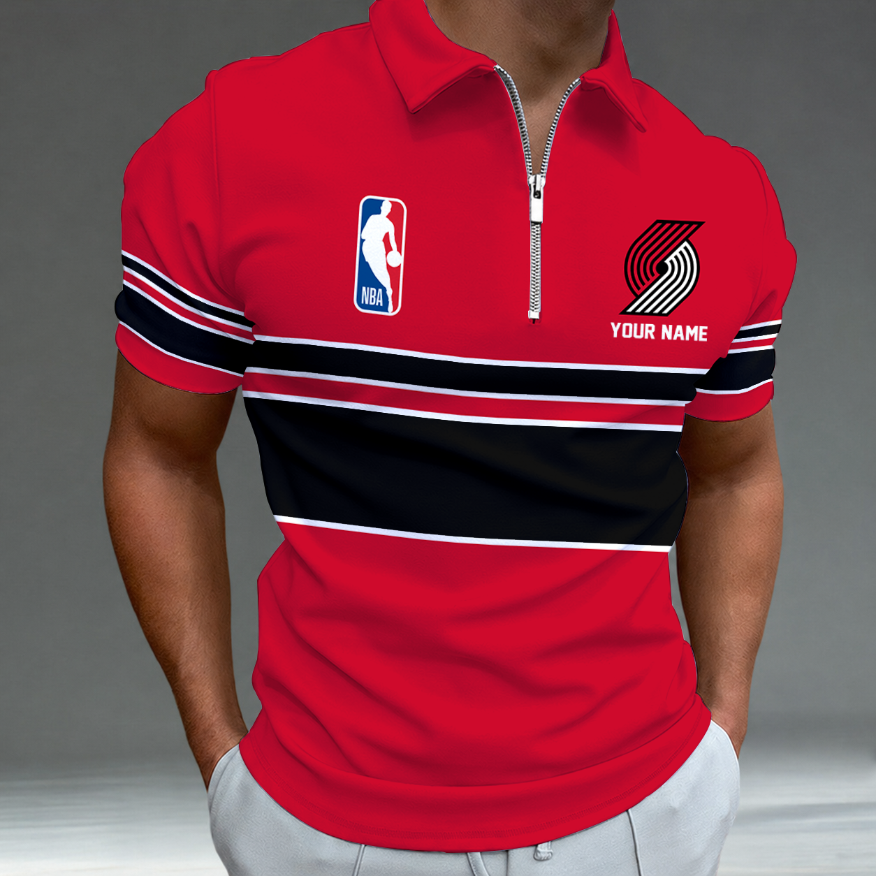 [HOT DEAL] NEW CUSTOMIZED NBA22 PTB PORTLAND TRAIL BLAZERS ZIP POLO SHIRT