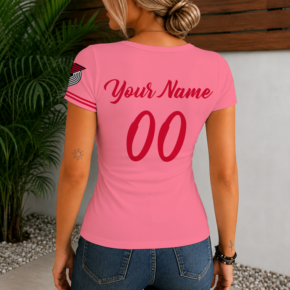 [HOT DEAL] NEW CUSTOMIZED NBA22 PTB PORTLAND TRAIL BLAZERS  WOMEN'S SHORT SLEEVE HENLEY T-SHIRT