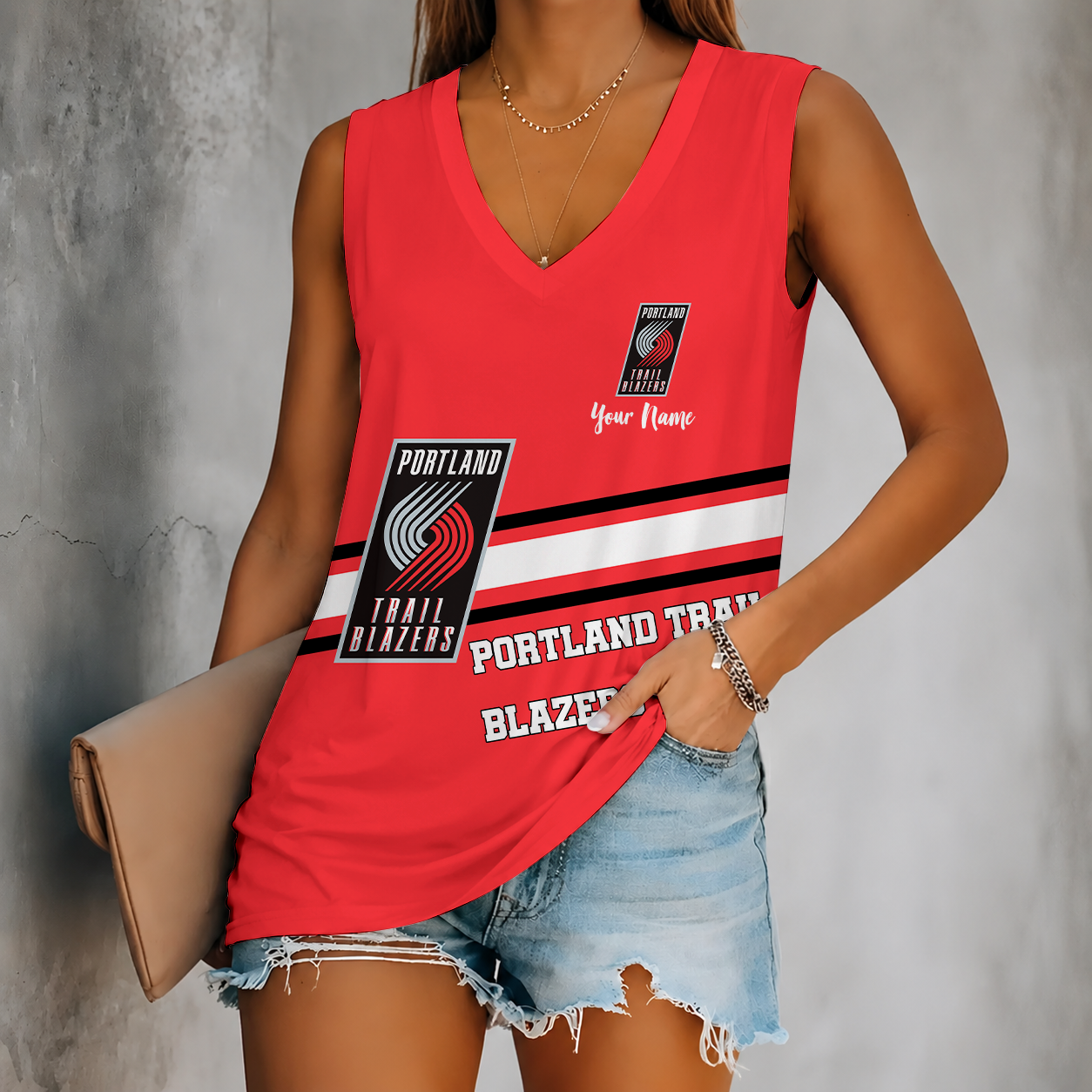 [HOT DEAL] NEW CUSTOMIZED NBA22 PTB PORTLAND TRAIL BLAZERS WOMEN'S V-NECK TANK TOP