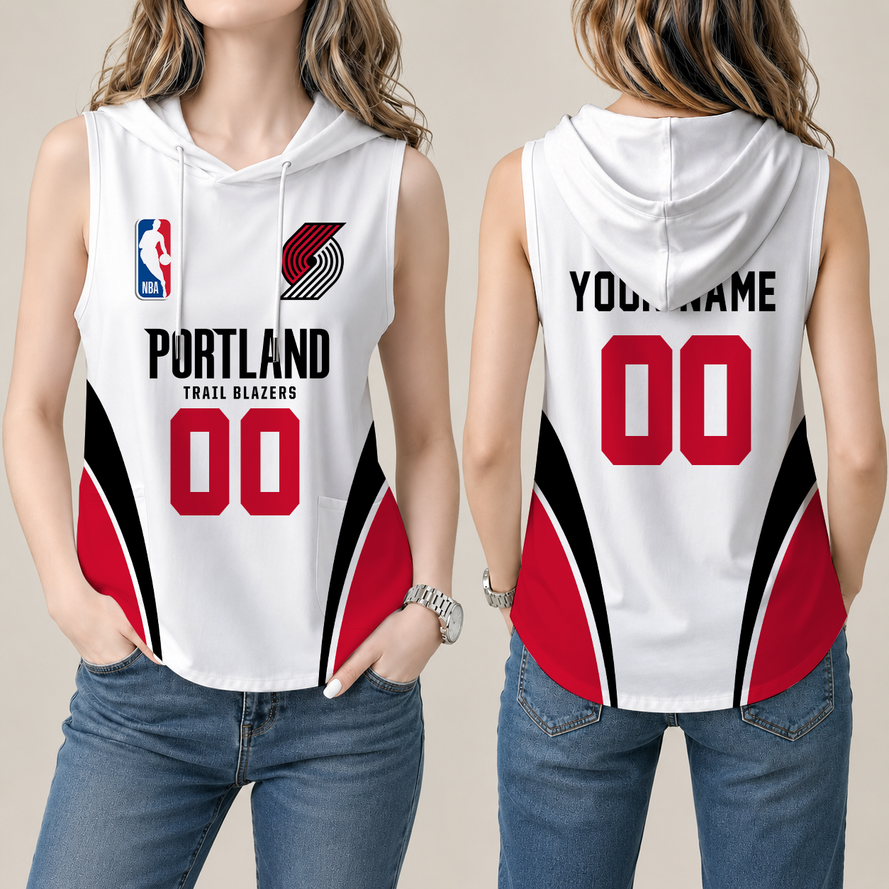 [HOT DEAL] NEW CUSTOMIZED NBA22 PTB PORTLAND TRAIL BLAZERS  WOMEN'S SLEEVELESS HOODED POCKET TANK TOP