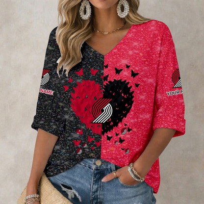 LIMITED EDITION - NEW CUSTOMIZED NBA22 PTB PORTLAND TRAIL BLAZERS WOMEN'S HEART V-NECK LONG SLEEVE SHIRT