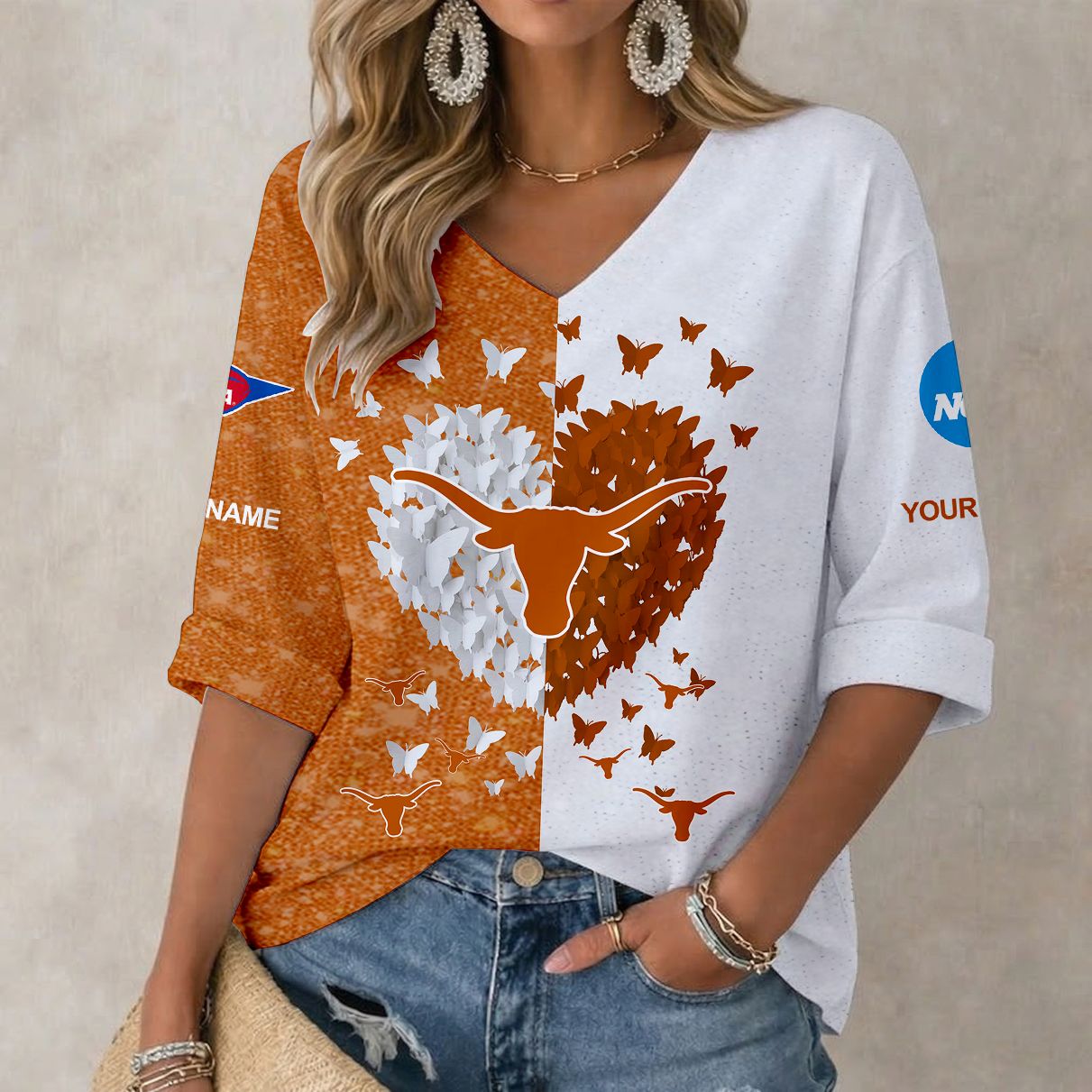 LIMITED EDITION - NEW CUSTOMIZED NCAA FBS22 TXL TEXAS LONGHORNS WOMEN'S HEART V-NECK LONG SLEEVE SHIRT