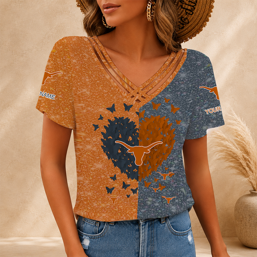 [FAN FAVORITE] NEW CUSTOMIZED NCAA FBS22 TXL TEXAS LONGHORNS V-NECK SHIRT