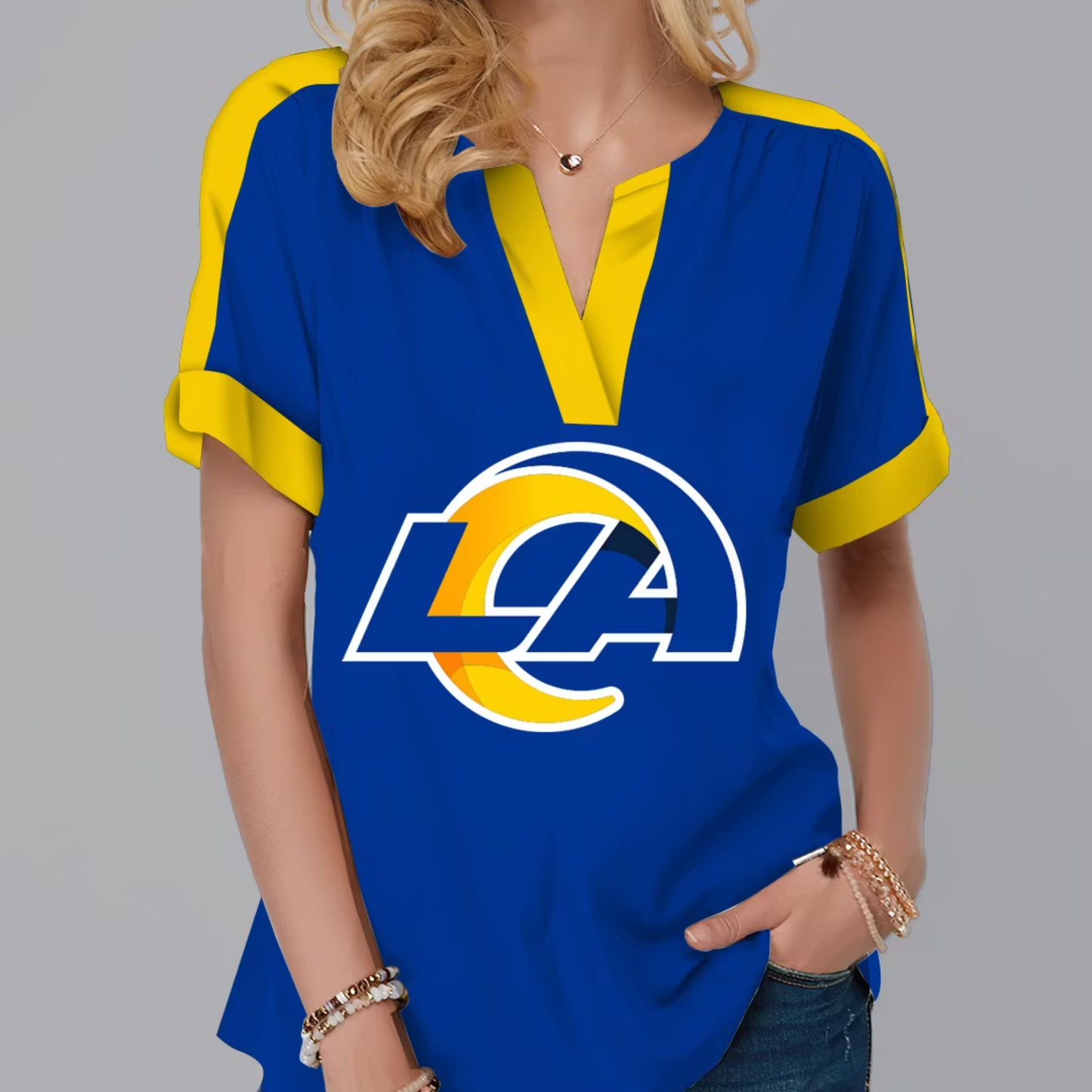 LIMITED EDITION - NEW CUSTOMIZED NFL22 LAR LOS ANGELES RAMS V-NECK FEMALE SHIRT