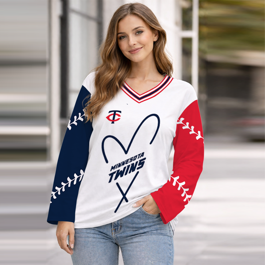 LIMITED EDITION - NEW CUSTOMIZED MLB22 MTS MINNESOTA TWINS WOMEN'S HEART V-NECK LONG SLEEVE SHIRT