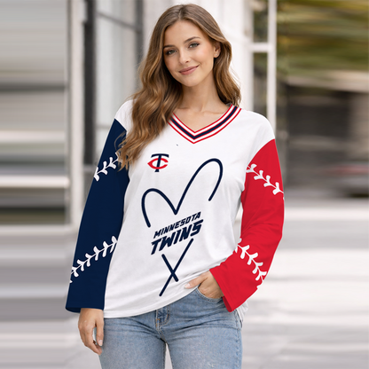 LIMITED EDITION - NEW CUSTOMIZED MLB22 MTS MINNESOTA TWINS WOMEN'S HEART V-NECK LONG SLEEVE SHIRT
