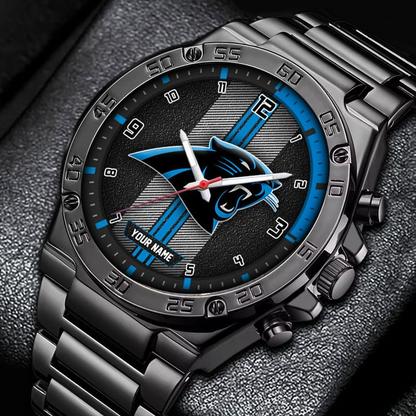 LIMITED EDITION - NEW CUSTOMIZED NFL23 CLP CAROLINA PANTHERS LUXURY STAINLESS STEEL WATCH