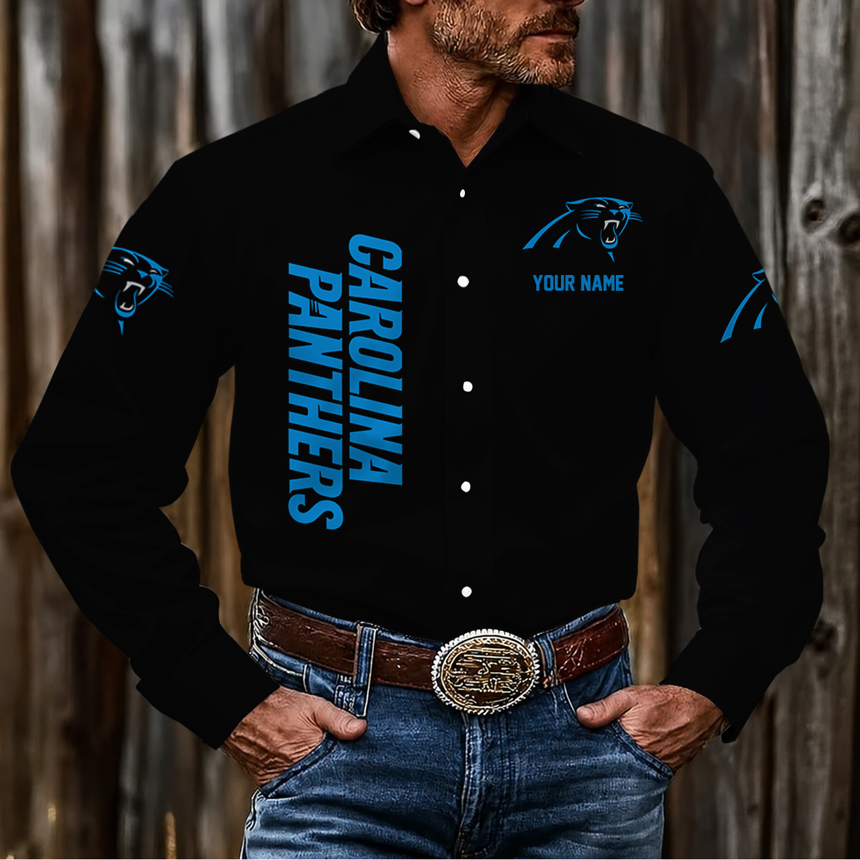 LIMITED EDITION - NEW CUSTOMIZED NFL23 CLP CAROLINA PANTHERS MEN'S LONG SLEEVE BUTTON-UP SHIRT