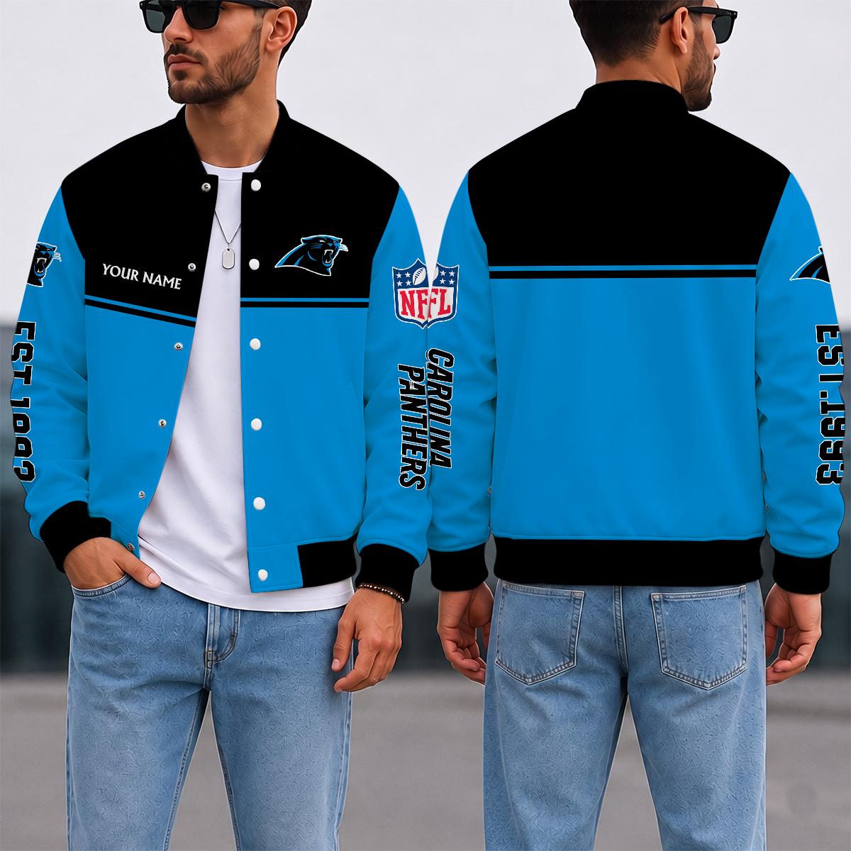LIMITED EDITION - NEW CUSTOMIZED NFL23 CLP CAROLINA PANTHERS SATIN VARSITY & BASEBALL JACKET