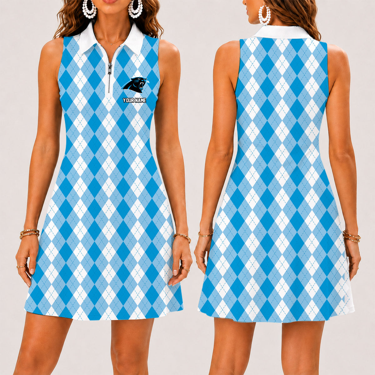[SPECIAL OFFER] NEW CUSTOMIZED NFL23 CLP CAROLINA PANTHERS WOMEN'S ZIP SLEEVELESS POLO DRESS