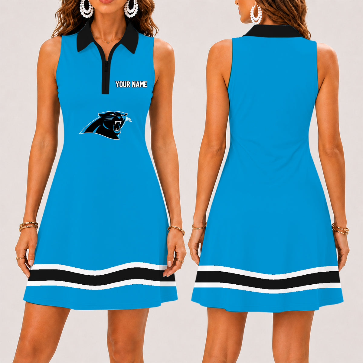 [SPECIAL OFFER] NEW CUSTOMIZED NFL23 CLP CAROLINA PANTHERS WOMEN'S ZIP SLEEVELESS POLO DRESS