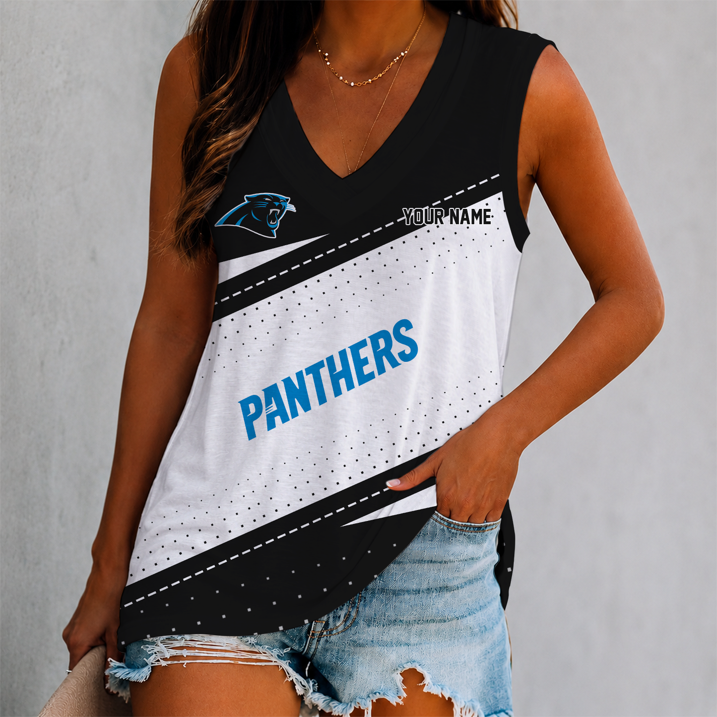 LIMITED EDITION - NEW CUSTOMIZED NFL23 CLP CAROLINA PANTHERS WOMEN'S V-NECK TANK TOP