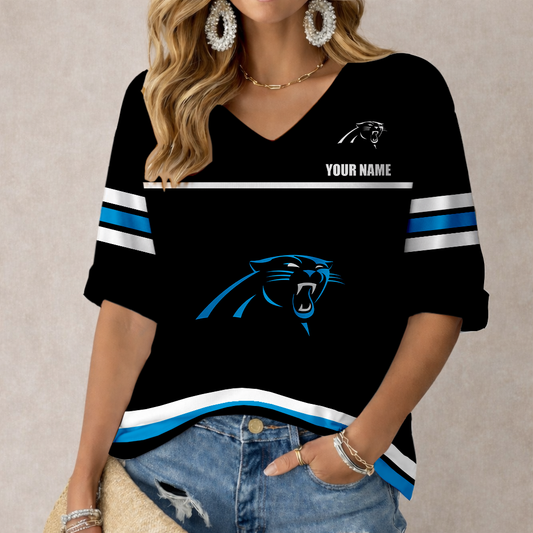 LIMITED EDITION - NEW CUSTOMIZED NFL23 CLP CAROLINA PANTHERS WOMEN'S V-NECK MID-SLEEVE SHIRT