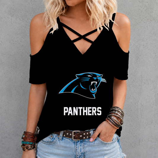 LIMITED EDITION - NEW CUSTOMIZED NFL23 CLP CAROLINA PANTHERS CRISS CROSS V-NECK TOP