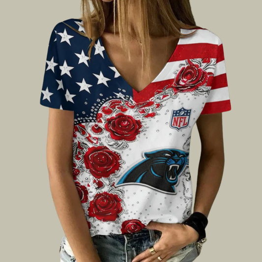 [SPECIAL OFFER] NEW CUSTOMIZED NFL23 CLP CAROLINA PANTHERS V-NECK FEMALE SHIRT