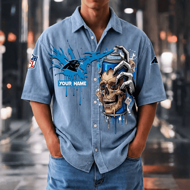 [SPECIAL OFFER] NEW CUSTOMIZED NFL23 CLP CAROLINA PANTHERS SEERSUCKER BUTTON SHIRT