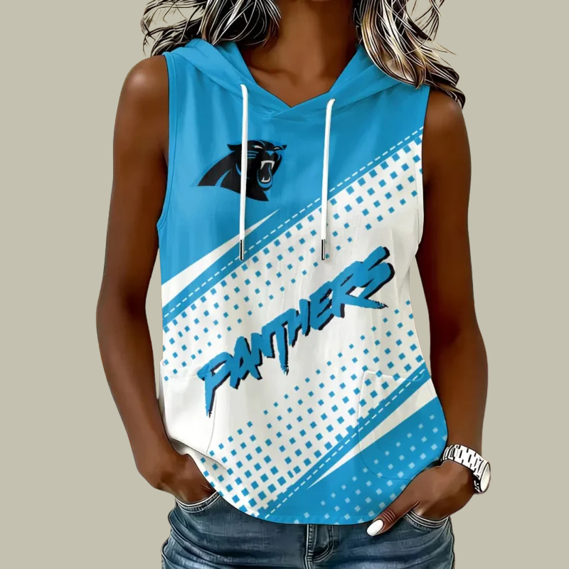 [SPECIAL OFFER] NEW CUSTOMIZED NFL23 CLP CAROLINA PANTHERS WOMEN'S SLEEVELESS HOODED POCKET TANK TOP