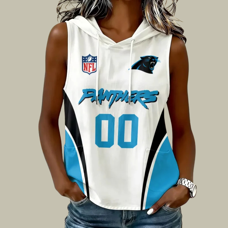 [SPECIAL OFFER] NEW CUSTOMIZED NFL23 CLP CAROLINA PANTHERS WOMEN'S SLEEVELESS HOODED POCKET TANK TOP