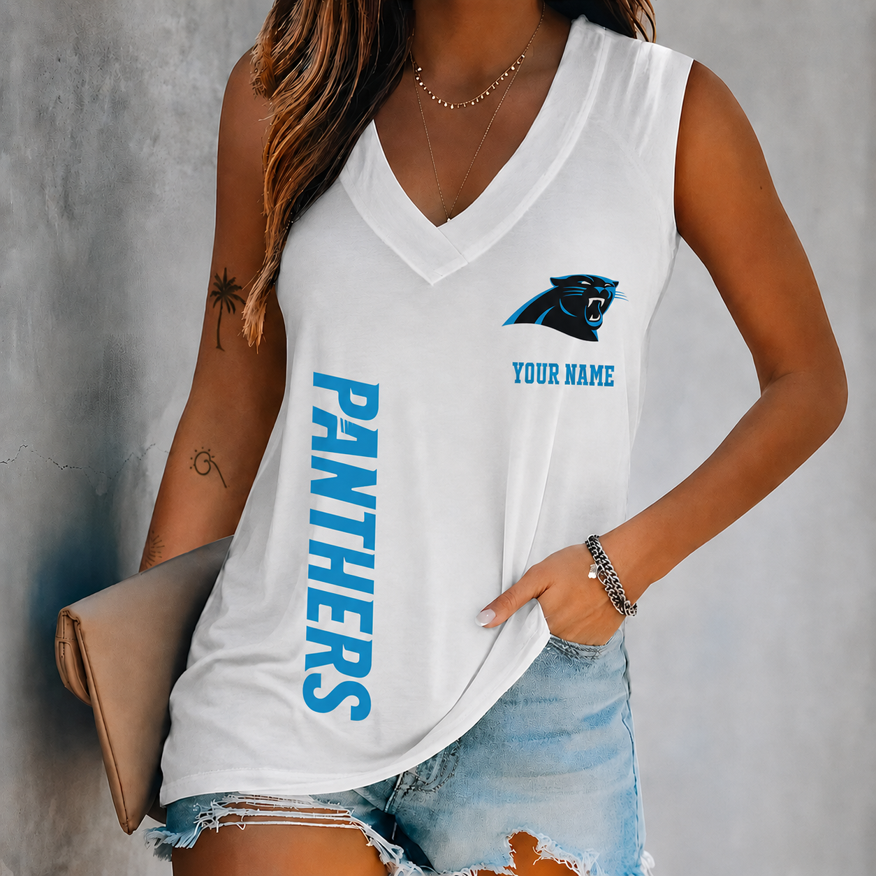 LIMITED EDITION - NEW CUSTOMIZED NFL23 CLP CAROLINA PANTHERS WOMEN'S V-NECK TANK TOP