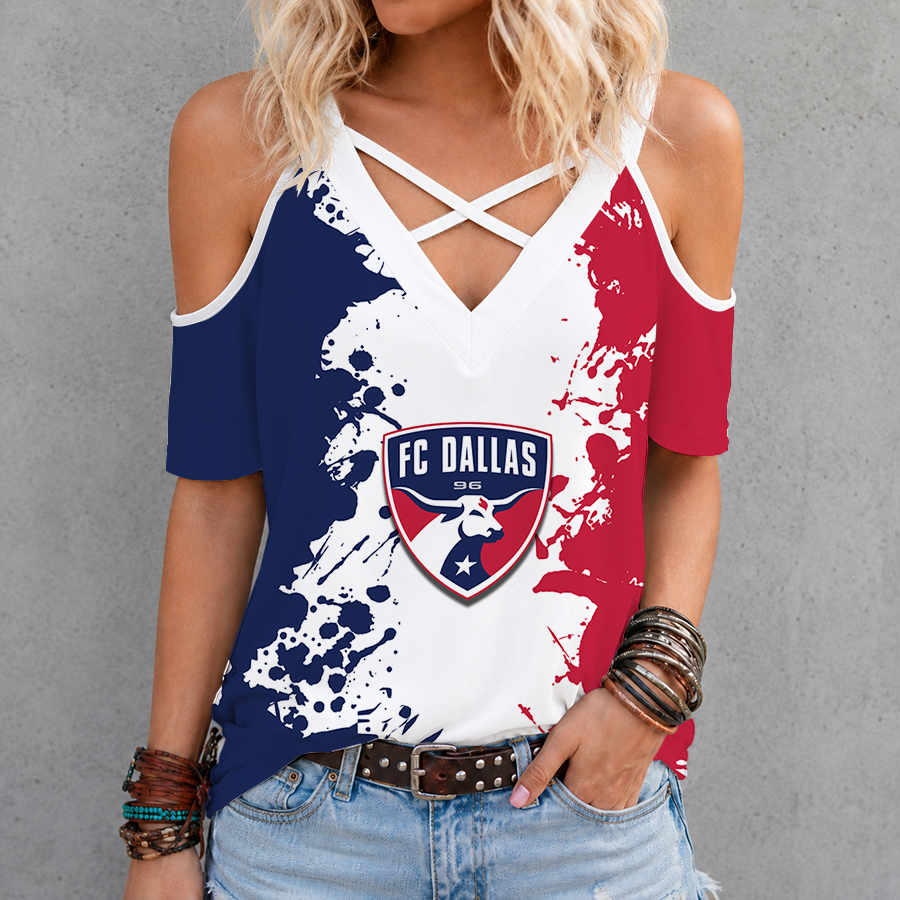 [FAN EXCLUSIVE] NEW CUSTOMIZED MLS23 FCD FC DALLAS CRISS CROSS V-NECK TOP