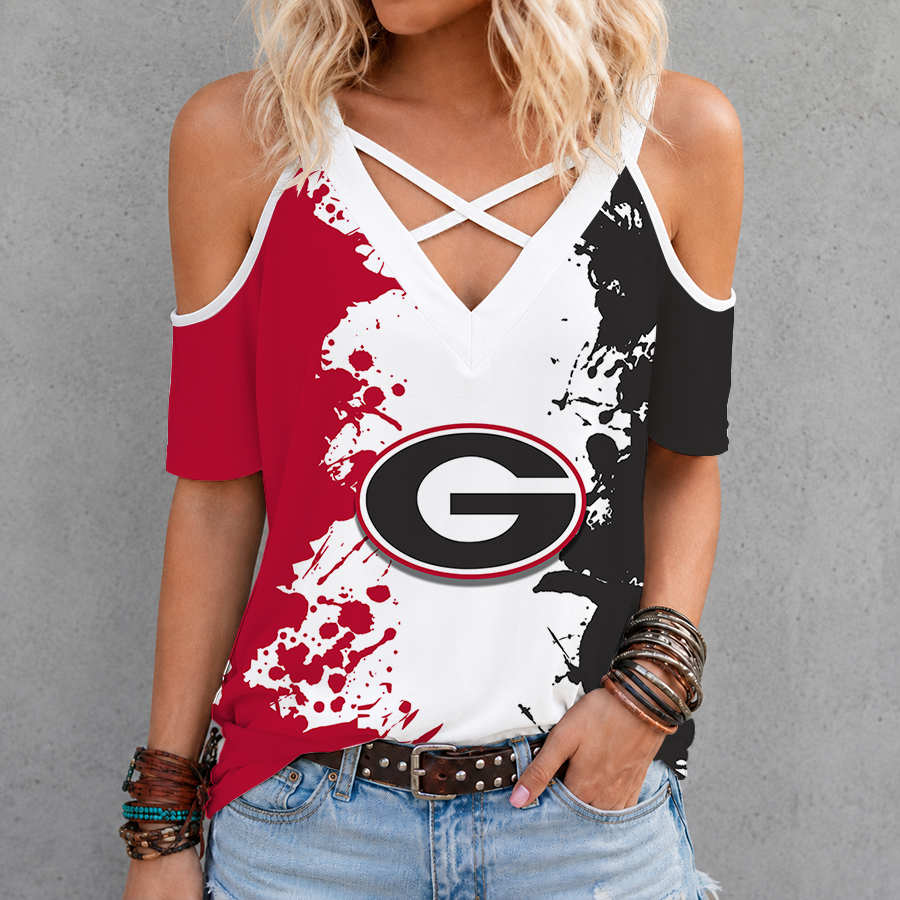 [FAN FAVORITE] NEW CUSTOMIZED NCAA CWS23 GEB GEORGIA BULLDOGS CRISS CROSS V-NECK TOP