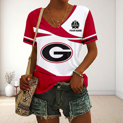LIMITED DROP - NEW CUSTOMIZED | NCAA CWS23 GEB GE BULLGOGS V-NECK FEMALE SHIRT
