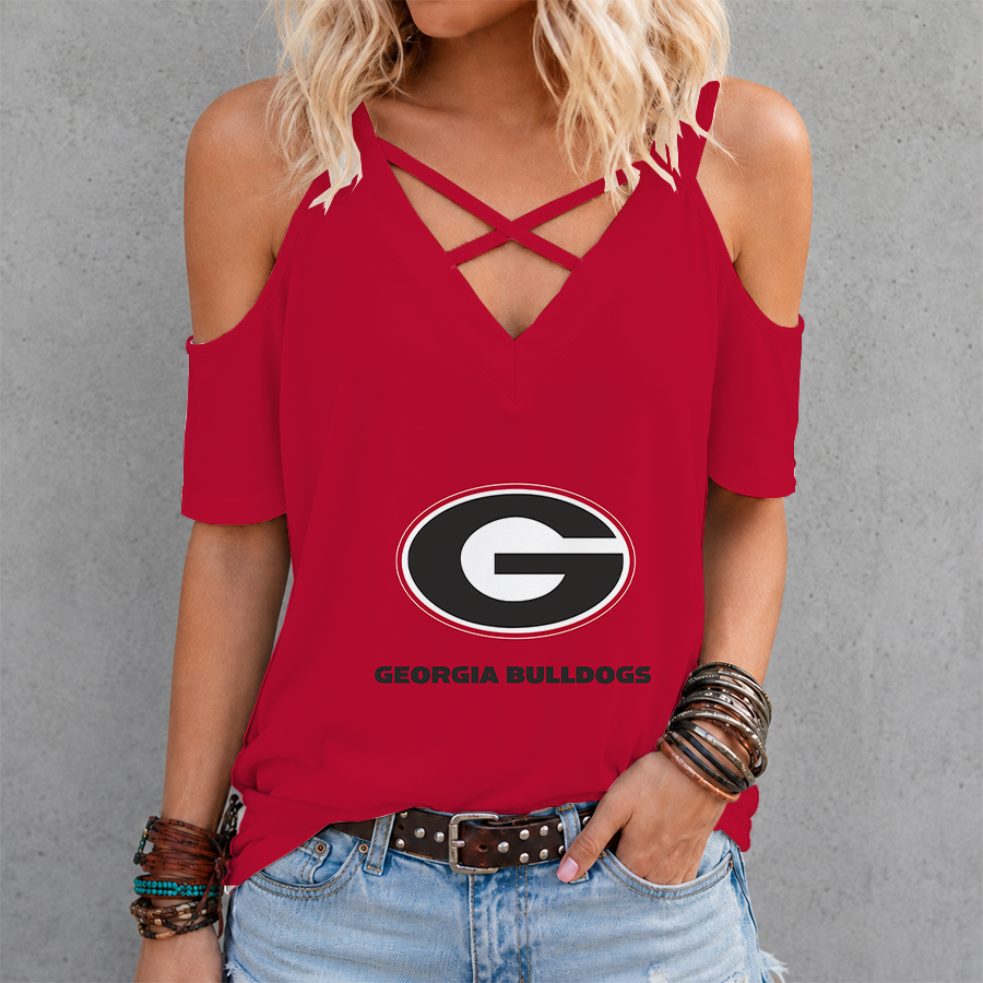 [FAN FAVORITE] NEW CUSTOMIZED NCAA CWS23 GEB GEORGIA BULLDOGS CRISS CROSS V-NECK TOP