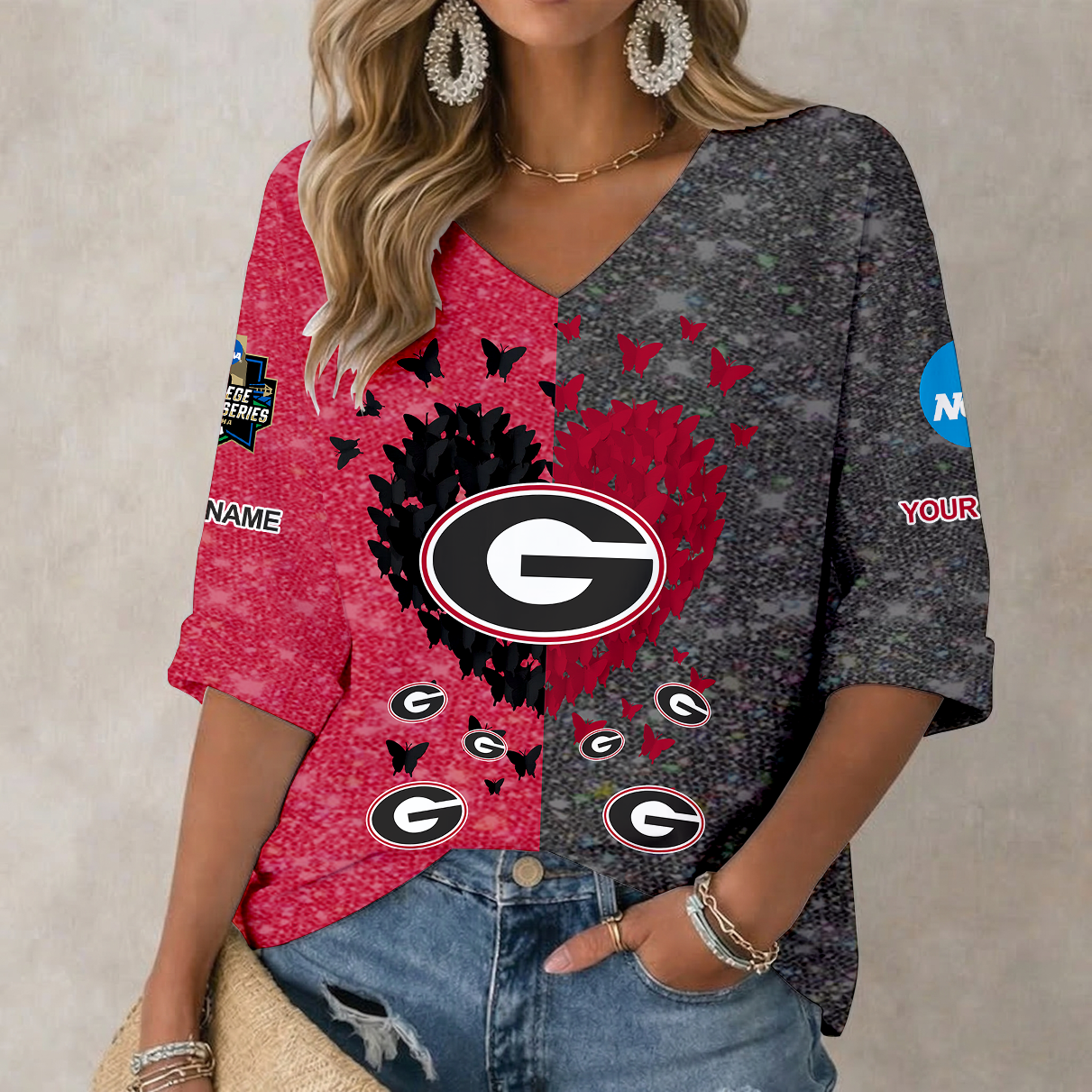 LIMITED EDITION - NEW CUSTOMIZED NCAA CWS23 GEB GEORGIA BULLDOGS WOMEN'S HEART V-NECK LONG SLEEVE SHIRT