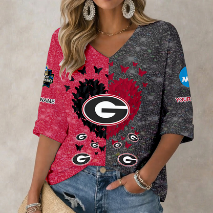 LIMITED EDITION - NEW CUSTOMIZED NCAA CWS23 GEB GEORGIA BULLDOGS WOMEN'S HEART V-NECK LONG SLEEVE SHIRT