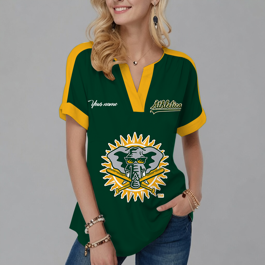 [FLASH SALE] NEW CUSTOMIZED MLB23 OAS OAKLAND ATHLETICS V-NECK FEMALE SHIRT