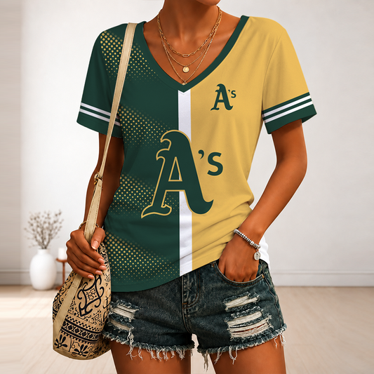 LIMITED EDITION - NEW CUSTOMIZED MLB23 OAS OAKLAND ATHLETICS V-NECK FEMALE SHIRT