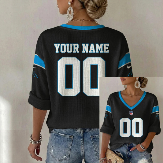 ELITE EDITION - NEW CUSTOMIZED NFL23 CLP CAROLINA PANTHERS WOMEN'S HEART V-NECK LONG SLEEVE SHIRT
