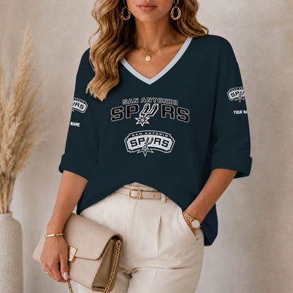 [HOT DEAL] NEW CUSTOMIZED NBA23 SAS SAN ANTONIO SPURS WOMEN'S HEART V-NECK LONG SLEEVE SHIRT