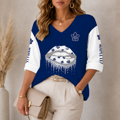 [SUPER SALE] NEW CUSTOMIZED NHL23 TML TORONTO MAPLE LEAFS WOMEN'S HEART V-NECK LONG SLEEVE SHIRT