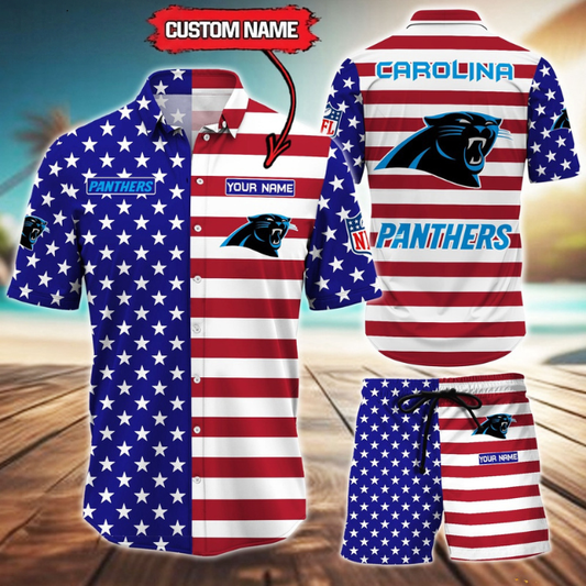 ELITE EDITION  - NEW CUSTOMIZED NFL23 CLP CAROLINA PANTHERS UNISEX INDEPENDENCE DAY HAWAIIAN SHIRT & SHORTS SET