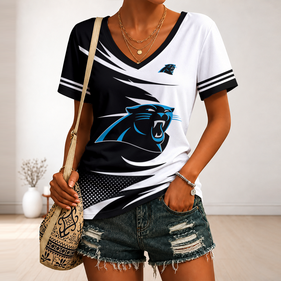 [SPECIAL OFFER] NEW CUSTOMIZED NFL23 CLP CAROLINA PANTHERS V-NECK FEMALE SHIRT
