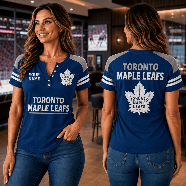 SPECIAL EDITION - NEW CUSTOMIZED NHL23 TML TORONTO MAPLE LEAFS WOMEN'S SHORT SLEEVE HENLEY T-SHIRT