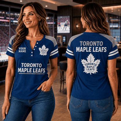 SPECIAL EDITION - NEW CUSTOMIZED NHL23 TML TORONTO MAPLE LEAFS WOMEN'S SHORT SLEEVE HENLEY T-SHIRT