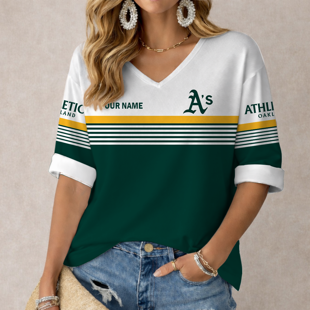 LIMITED EDITION - NEW CUSTOMIZED MLB23 OAS OAKLAND ATHLETICS WOMEN'S HEART V-NECK LONG SLEEVE SHIRT