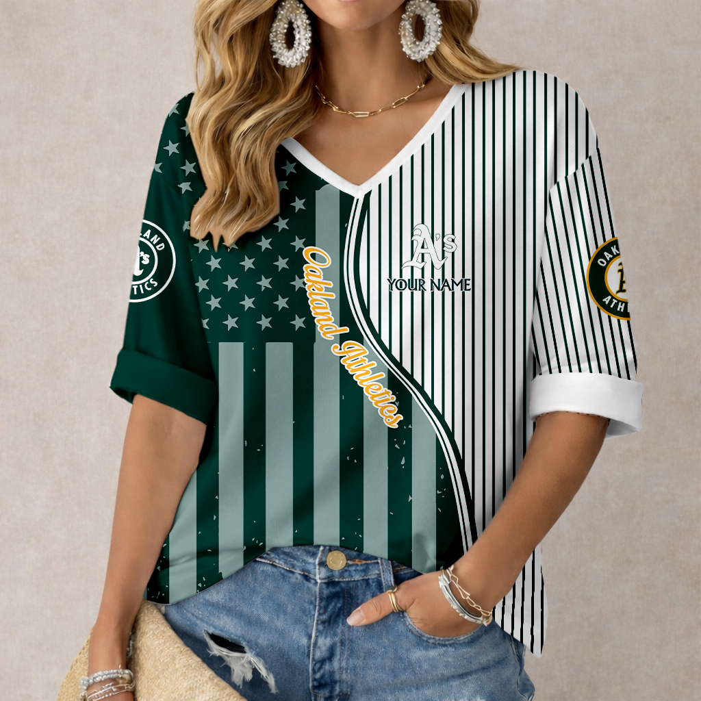 ELITE EDITION - NEW CUSTOMIZED MLB23 OAS OAKLAND ATHLETICS WOMEN'S HEART V-NECK LONG SLEEVE SHIRT