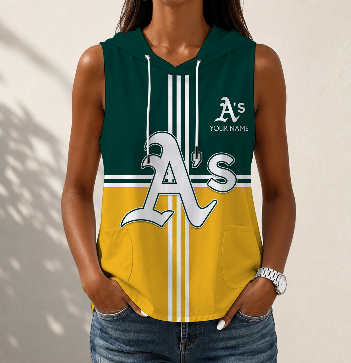 LIMITED EDITION - NEW CUSTOMIZED MLB23 OAS OAKLAND ATHLETICS WOMEN'S SLEEVELESS HOODED POCKET TANK TOP