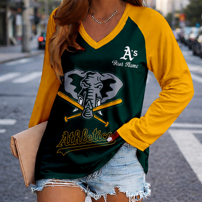 LIMITED EDITION - NEW CUSTOMIZED MLB23 OAS OAKLAND ATHLETICS WOMEN'S V-NECK LONG SLEEVED SHIRT